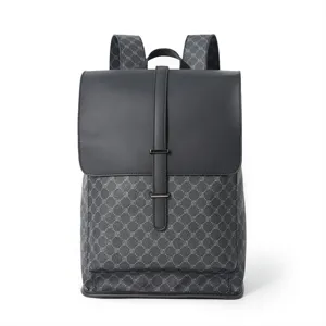 Stylish black and grey monogram backpack with flap closure for travel and daily use.