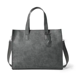 Grey PU leather tote bag, stylish handbag with shoulder strap and zipper for daily use.