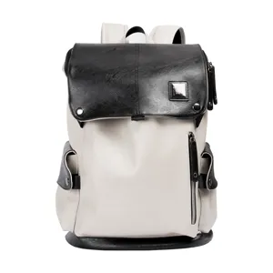 Zaino da uomo elegante in ecopelle nera e bianca, borsa casual per viaggi e computer scuola.