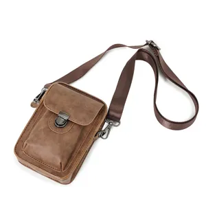 Vintage PU lederen mini schoudertas voor heren, casual telefoon tas met metalen sluiting.