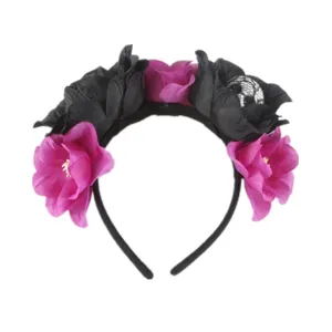 Halloween floral headband with black and purple artificial roses, lace and skull details.
