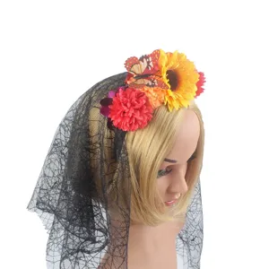 Serre-tête voile de dentelle noire Halloween avec tournesols artificiels et papillon decor