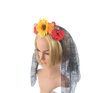 Serre-tête floral Halloween avec voile en filet noir, couronne de tournesol artificielle.