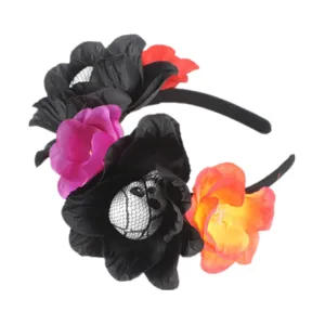 Halloween floral headband with artificial flowers and scary foam skull for party dress up