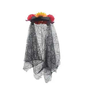 Serre-tête floral d'Halloween avec voile en toile d'araignée noire pour fête costumée.