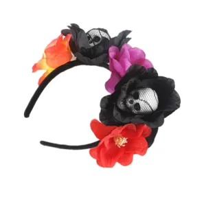 Halloween floral headband with spooky skull accents, perfect for party costume and festival styling.