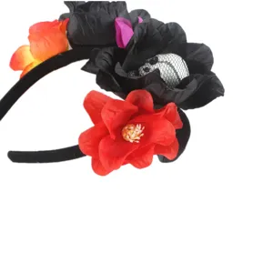 Halloween gothic skull floral headband detail view black hair hoop for party costume accessory