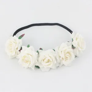 White rose floral elastic headband for bride party, faux fabric flower hair crown accessory.