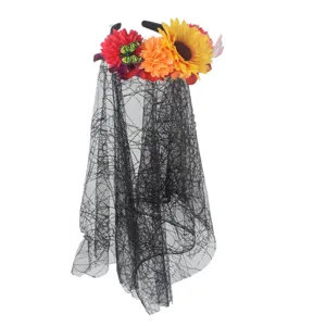 Serre-tête de fête d'Halloween avec voile en maille noire fleurs artificielles accessoire