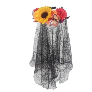 Serre-tête voile noir Halloween avec tournesol et papillon pour fête et costume.