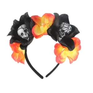 Halloween skull flower headband, black and orange floral hair hoop for party costume accessories.