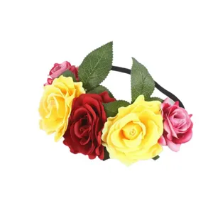 Close-up of a colorful rose floral headband with green leaves and a comfortable elastic band.