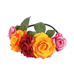 Close-up detail of multi-color fabric rose flower crown headpiece with elastic band.