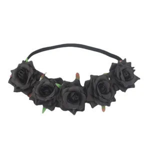 Black rose elastic headband bridal party flower crown hair accessory with 7cm faux roses.
