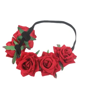 Red rose flower headband for women bridal party, elastic floral hair hoop hair accessories.