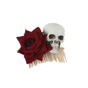 Detailed close-up of Halloween gothic hair comb featuring dark red velvet rose and white skull.