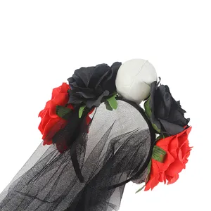 Serre-tête Halloween roses et résille avec crâne, accessoire cheveux diable noir et rouge.