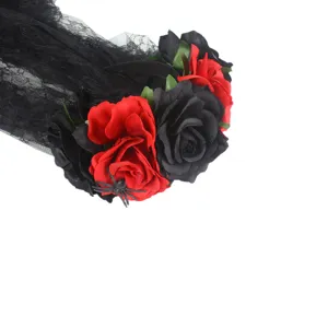 Halloween lace veil headband with black red roses and spider hair accessory detail