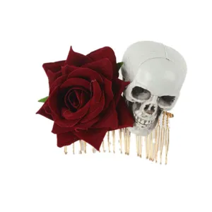 Halloween red velvet rose flower skull hair comb gothic party hair accessories for women