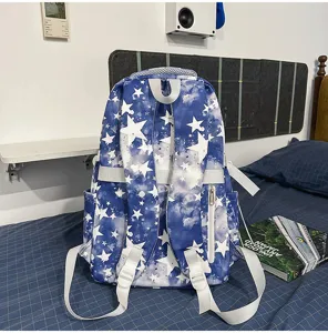 Blauer Rucksack mit Sternenmuster zeigt verstellbare Schultergurte und Seitentaschen Details.