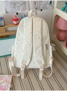 Mochila casual blanca con estampado de estrellas bonita bolsa escolar para chicas dulces