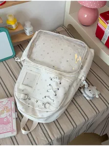 Mochila ita blanca con estrellas, ventana transparente y cordones, linda bolsa de viaje.