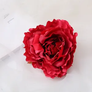 Red artificial peony flower head, vintage hair accessory component, realistic fabric floral decor.