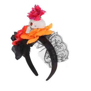 Detailed close-up of the Halloween skull headband featuring artificial roses and black lace trim.
