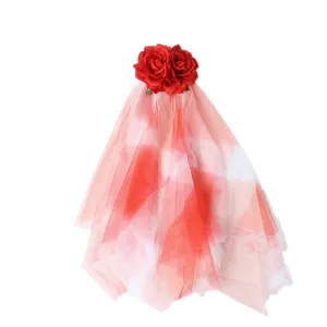 Fermaglio per capelli con velo in rete di rosa rossa festa di halloween copricapo gotico spaventoso