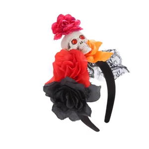 Halloween skull hair hoop with artificial roses and black lace party headwear decor