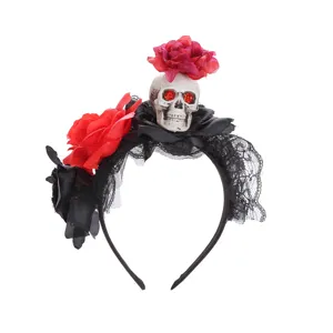 Halloween gothic skull headband with red roses and black lace for party costume accessory