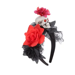 Halloween skull flower headband detail view featuring red and black roses and black lace.