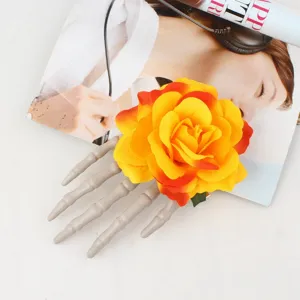 Halloween skeleton hand rose hair clip, spooky gothic bone claw hairpin for party cosplay.