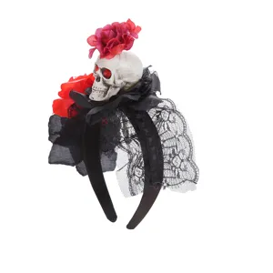 Halloween skull headband with red artificial roses, black lace veil, and crystal eyes for party.
