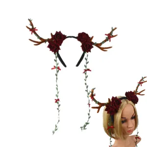 Exaggerated Christmas Reindeer Antlers Rose Flower Headband Halloween Party Costume Hair Accessories For Women