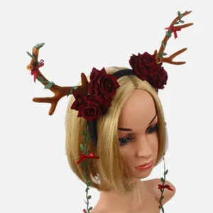 Christmas reindeer antler headband with dark red roses and green vines for holiday party dress up
