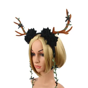 Black rose deer antler headband with green vines and bows for Halloween party costume hair accessory