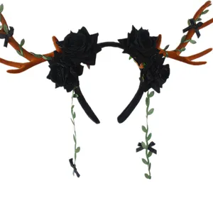Black rose deer antler headband for Christmas Halloween party cosplay hair accessories detail