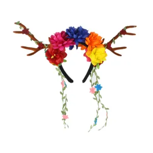 Close-up of colorful floral reindeer antler headband for holiday party festive dress up.
