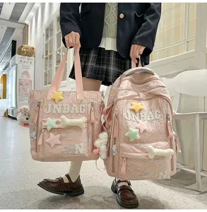 Pink casual waterproof backpack and tote set with cute plush stars and letters design.