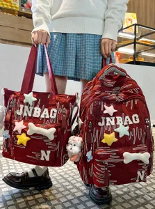 Stylish red quilted casual backpack and tote bag set with cute plush star charms for daily wear.