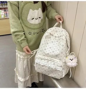 Cute corduroy backpack for teen girls, Korean style aesthetic school bag with floral print and lace.
