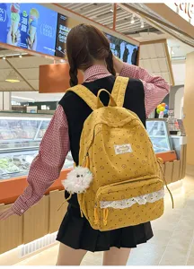 Cute corduroy backpack for teen girls, Korean style stylish school bag with sweet lace details.