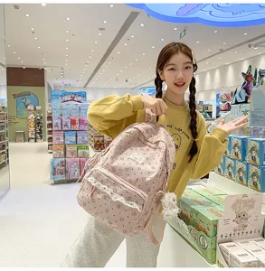 Pink corduroy backpack for teen girls cute floral school bag casual lightweight daypack