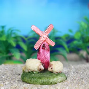 Miniature resin pink windmill and sheep ornament for succulent garden and sand tray decor