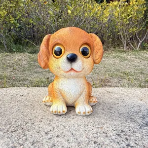 Resin puppy ornament with big eyes, cute sitting posture design for outdoor garden and lawn decor.