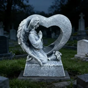 Resin kneeling angel memorial statue with hollow heart shape and roses for grave yard decor.
