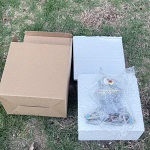 Resin funny frog ornament packaging detail showing cardboard box and styrofoam protection.