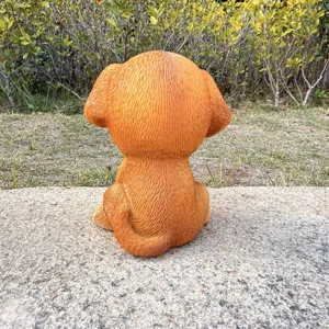 Resin sitting dog figurine, detailed back view showing texture, perfect for garden and yard decor.