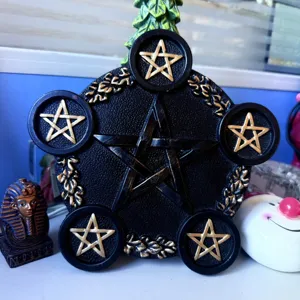 Black resin pentagram candle holder, mysterious gothic altar decor and photography prop.